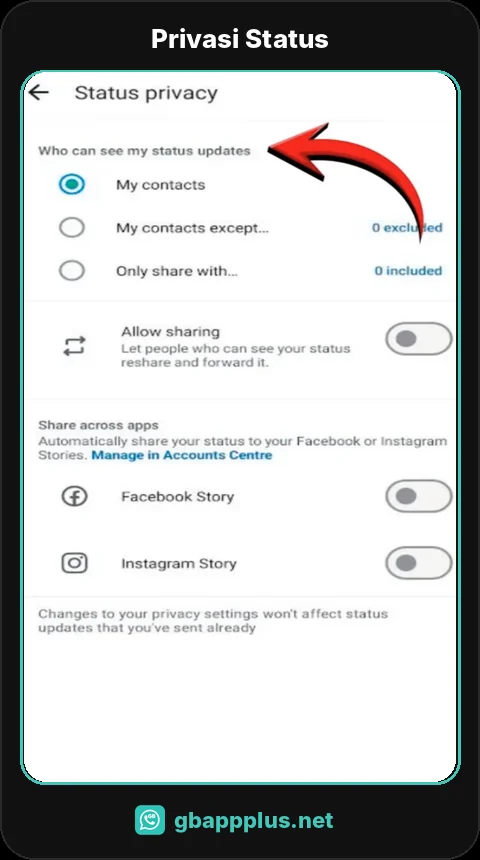 Pengaturan privasi status di GB WhatsApp